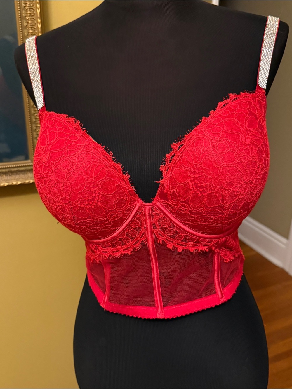 Victoria's Secret Red Lace Longline Bra with Rhinestone Straps
